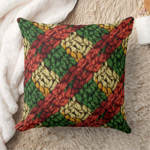 Coussin Motif de tricot à carreaux festif en rouge, vert e