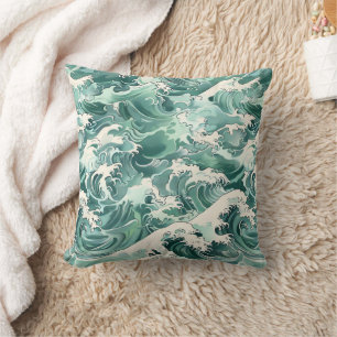 Coussin Motif de vagues de l'océan japonais Aqua