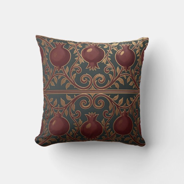 Coussin Motif de vigne de grenade vert foncé orné or (Recto)