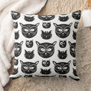 Coussin Motif de visages de chats noirs et blancs mignons