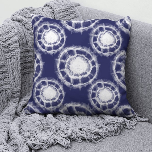 Coussin Motif des cercles Shibori bleu et blanc (Créateur téléchargé)