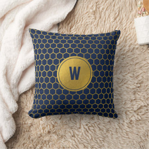Coussin Motif d'hexagone bleu et or de la marine Monogramm