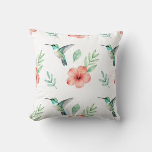 Coussin Motif d'hibiscus au colibri turquoise