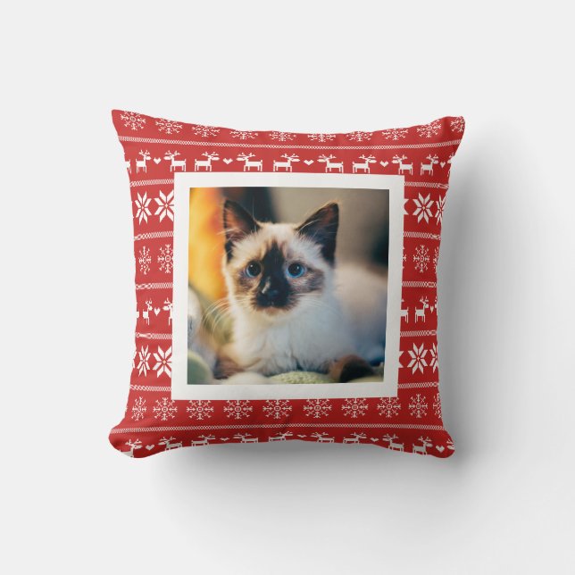 Coussin Motif d'hiver scandinave rouge - Ajouter photo (Recto)