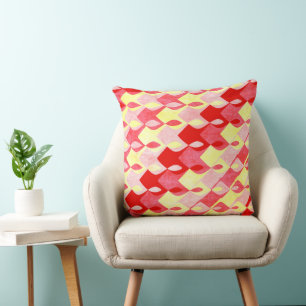 Coussin Motif diamant géométrique rétro rouge, rose et jau