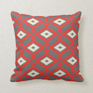 Coussin Motif d'Ikat - rouge, gris et beige