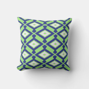 Coussin Motif d'Ikat - vert, bleu d'indigo et blanc