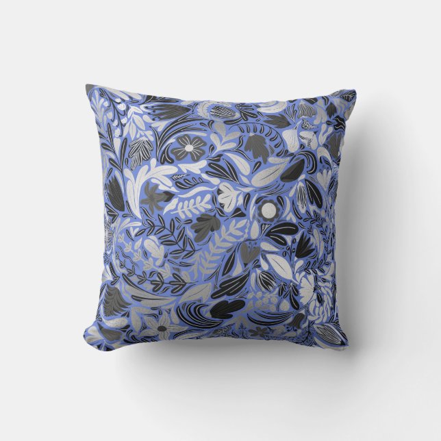 Coussin Motif d'illustration Feuilles floral bleu argent (Recto)