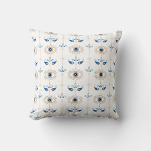 Coussin Motif d'oeil maléfique rétro bohème blanc