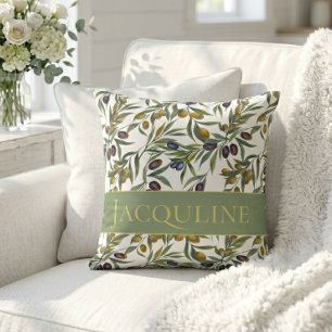Coussin Motif d'olive de campagne française aquarelle vert