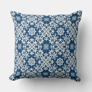 Coussin Motif d'ornement boho en blanc-bleu vintage