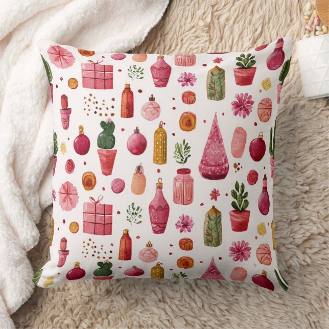 Coussin Motif d'ornements de Noël en forme de cactus rose (Couverture)