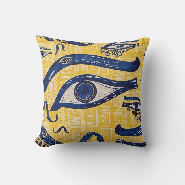 Coussin Motif égyptien jaune et bleu - Oeil de Horus (Recto)