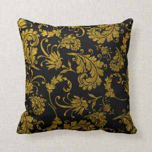 Coussin Motif élégant de damassé d'or sur le noir