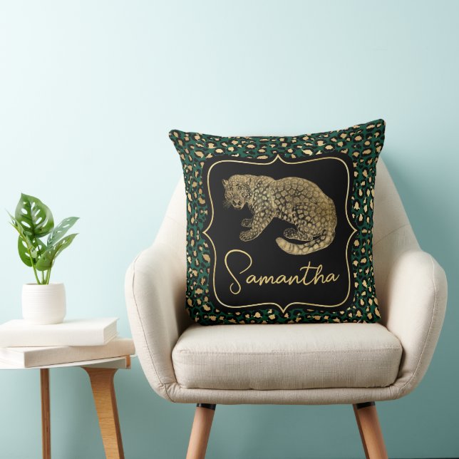 Coussin Motif élégant de léopard vert et or et de taches (Chaise)