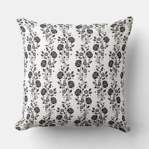 Coussin Motif Élégant de Roses Florales Noir et Blanc