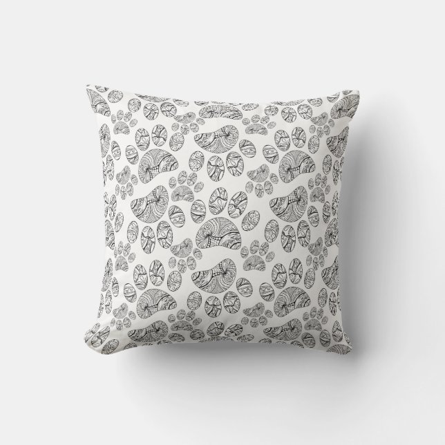 Coussin Motif Empreinte de patte Mandala noir et blanc (Recto)