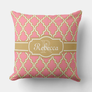 Coussin Motif en treillis rose et or monogramme