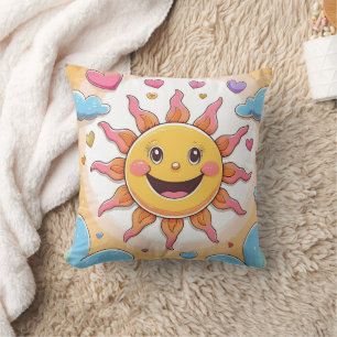 Coussin Motif Enfants avec Soleil Mignon et Arcs-en-ciel