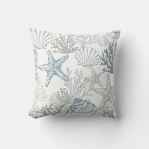 Coussin Motif étoile de mer coquillage bleu et gris plage