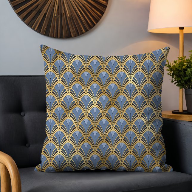 Coussin Motif éventail Art déco bleu or (Créateur téléchargé)