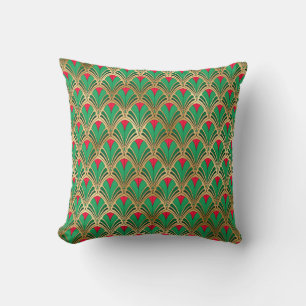 Coussin Motif éventail Art déco vert rouge or