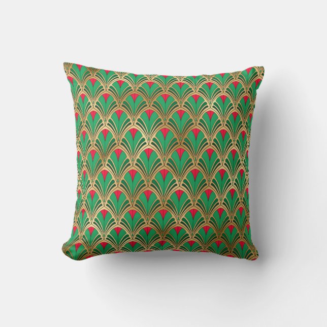 Coussin Motif éventail Art déco vert rouge or (Recto)