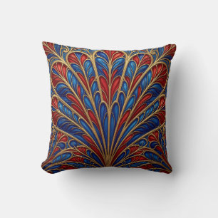 Coussin Motif éventail paon orné rouge bleu or royal