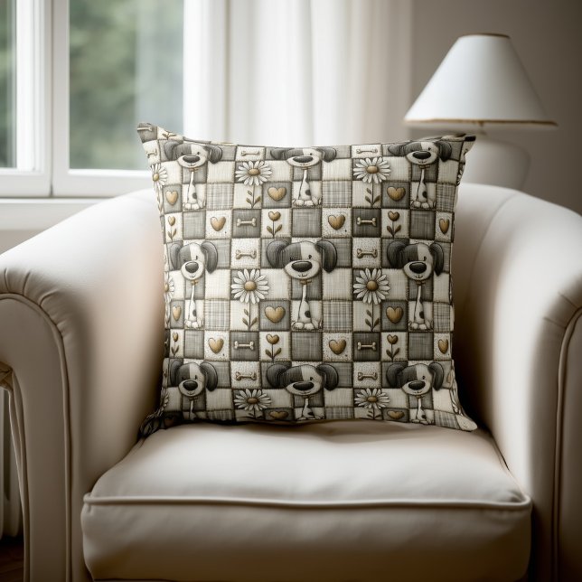 Coussin Motif Fantaisiste de Chien en Patchwork (Créateur téléchargé)