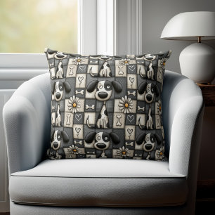 Coussin Motif fantaisiste de chien en patchwork noir et bl