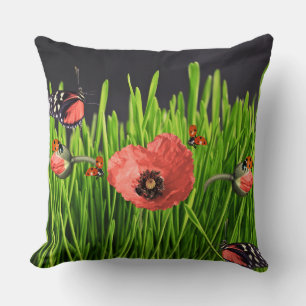 Coussin Motif faune et flore de prairie de coquelicot roug