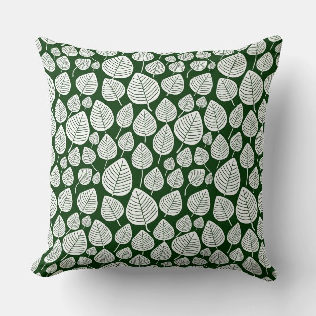 Coussin Motif feuille 02 - Blanc sur vert foncé (Recto)