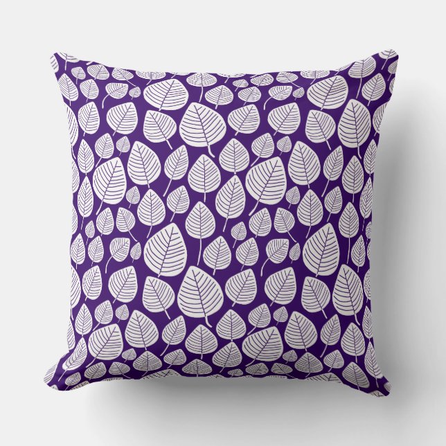 Coussin Motif feuille 02 - Blanc sur violet profond (Recto)