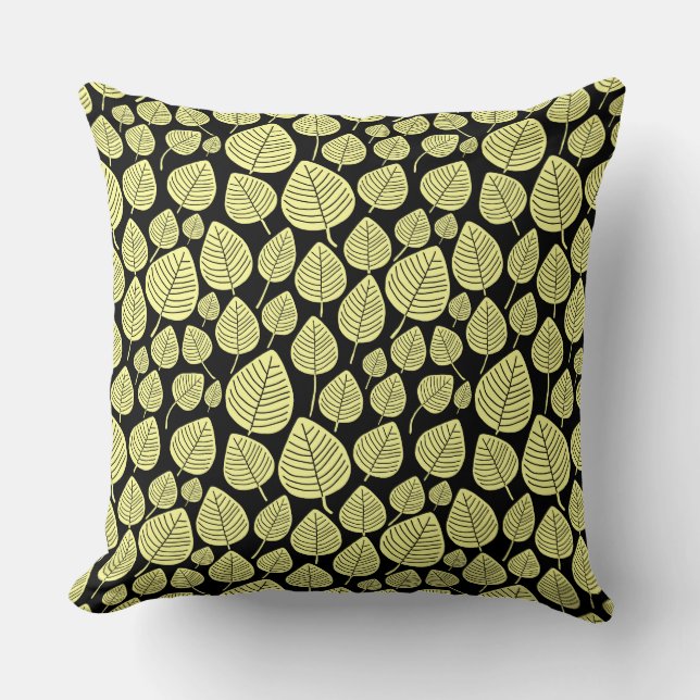 Coussin Motif feuille 02 - Jaune à mâchoire sur noir (Recto)