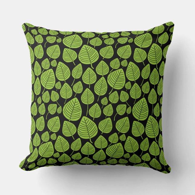 Coussin Motif feuille 02 - Martian Green sur noir (Recto)