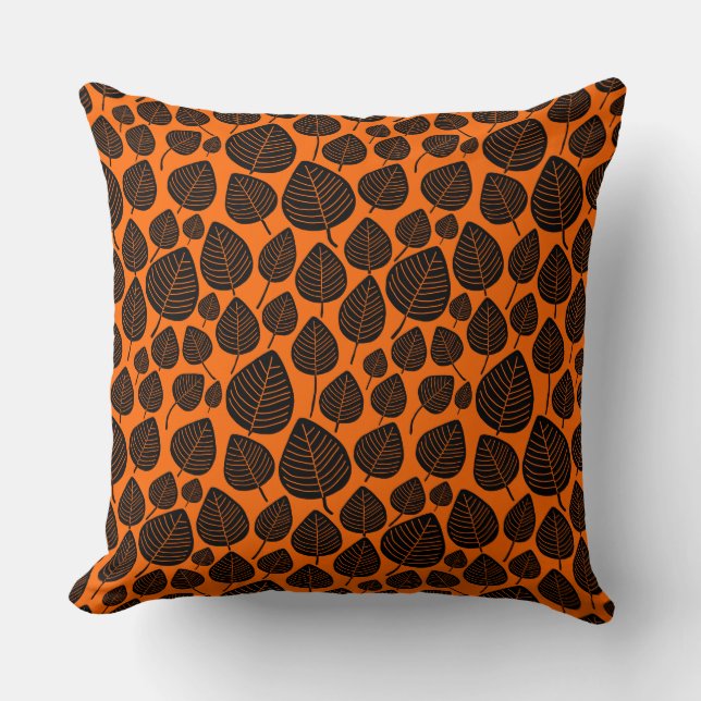 Coussin Motif feuille 02 - Noir sur orange (Recto)