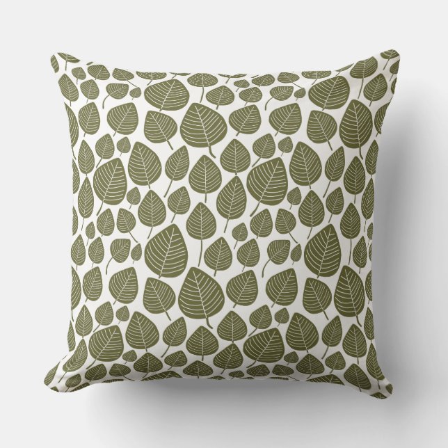 Coussin Motif feuille 02 - Olive profond sur blanc (Recto)