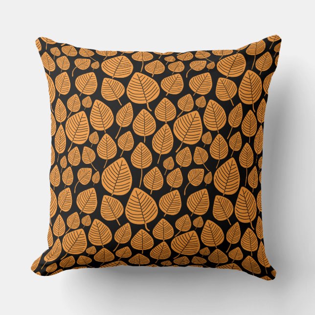Coussin Motif feuille 02 - orange clair sur noir (Recto)