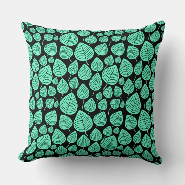 Coussin Motif feuille 02 - Turquoise sur noir (Recto)