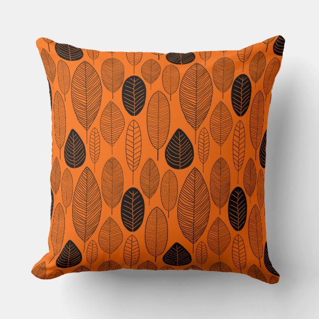 Coussin Motif feuille - Noir sur orange (Recto)