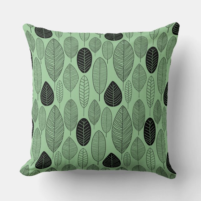 Coussin Motif feuille - Noir sur vert défraîchi (Recto)