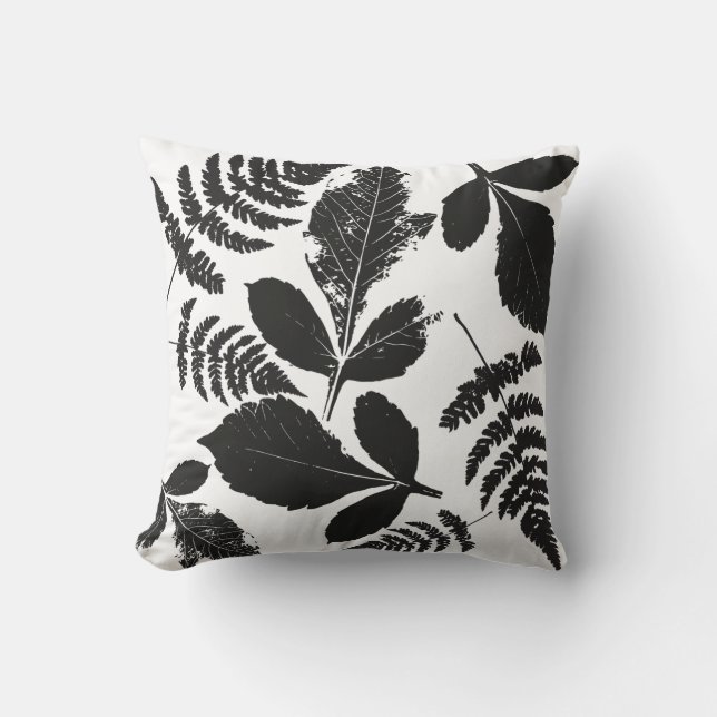 Coussin Motif Feuilles Rustique Ferme Noir Blanc (Recto)