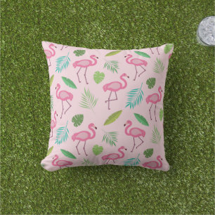 Coussin Motif Flamant Rose avec feuilles tropicales