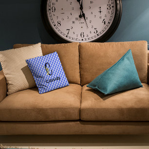 Coussin Motif fleur aquarelle monogramme gingham bleu
