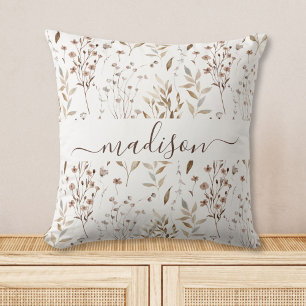 Coussin Motif Fleurs Feuilles Jolies Marron Bohème Monogra