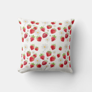 Coussin Motif floral à l'aquarelle fraise et marguerite