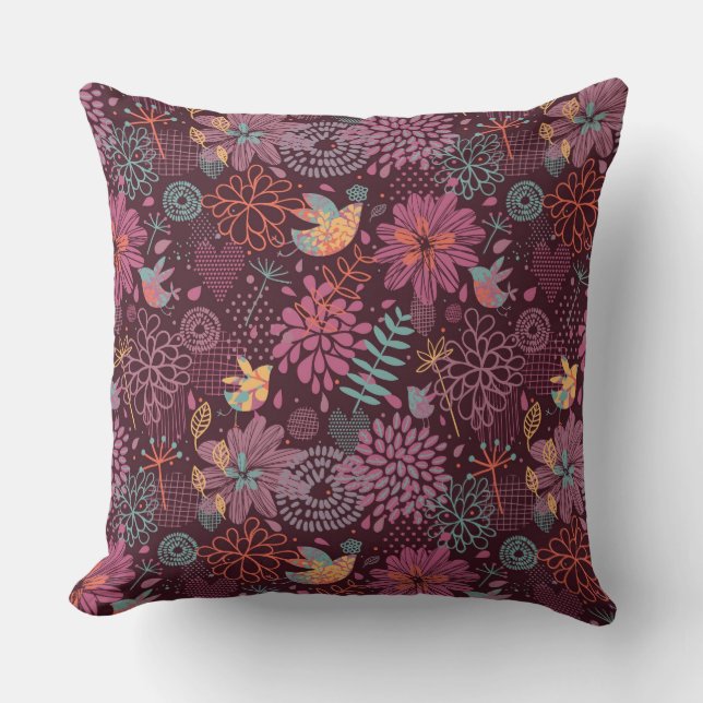 Coussin Motif floral abstrait avec des oiseaux (Recto)