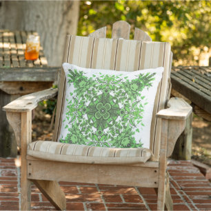 Coussin Motif floral abstrait en noir et vert sur fond bla