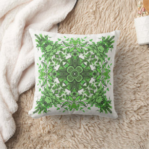 Coussin Motif floral abstrait en noir et vert sur fond bla