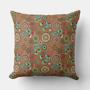 Coussin Motif floral abstrait folklorique ethnique marron